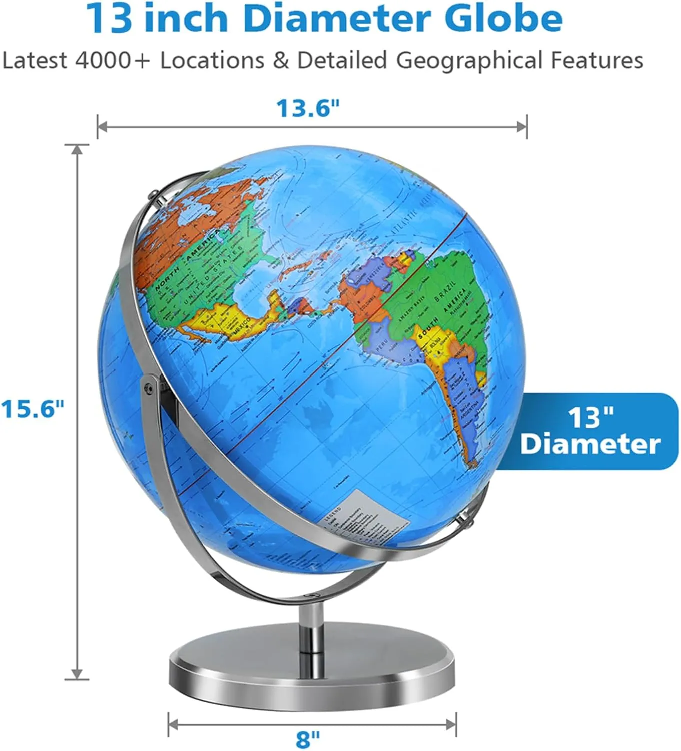 13" World Globe with Stand, 720° Omnidirectional Rotation, Stainless Steel Stand, Geographic/Decorative Tabletop Decor World Map with Clear Text for Home, School, Office