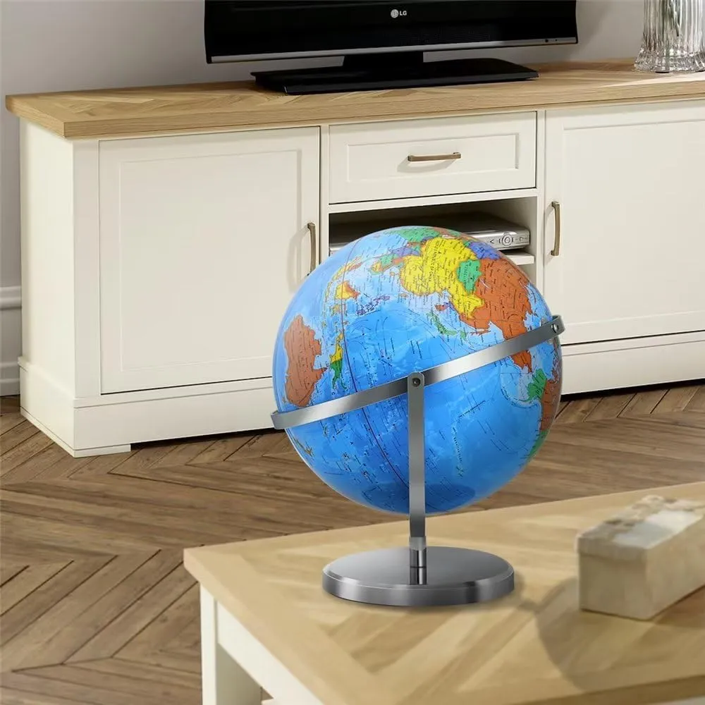 13" World Globe with Stand, 720° Omnidirectional Rotation, Stainless Steel Stand, Geographic/Decorative Tabletop Decor World Map with Clear Text for Home, School, Office