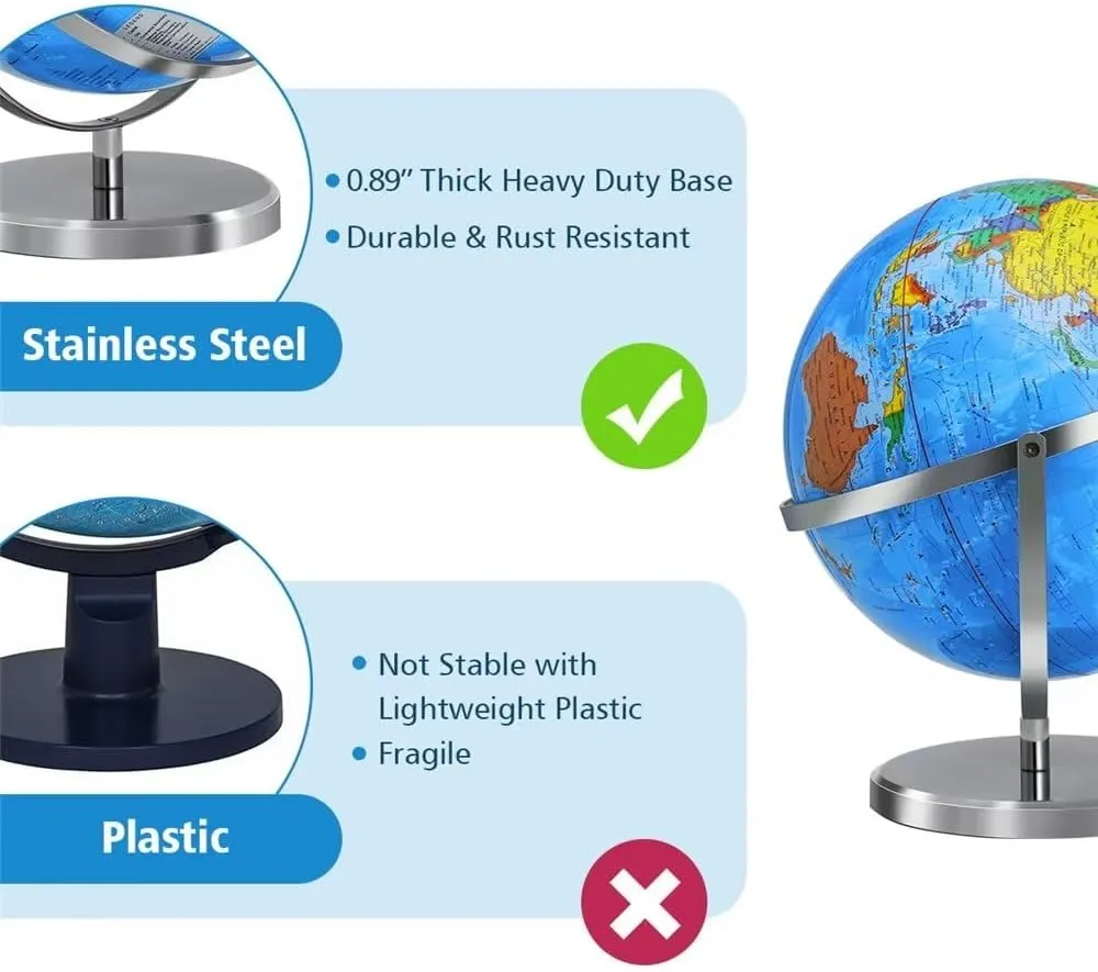 13" World Globe with Stand, 720° Omnidirectional Rotation, Stainless Steel Stand, Geographic/Decorative Tabletop Decor World Map with Clear Text for Home, School, Office