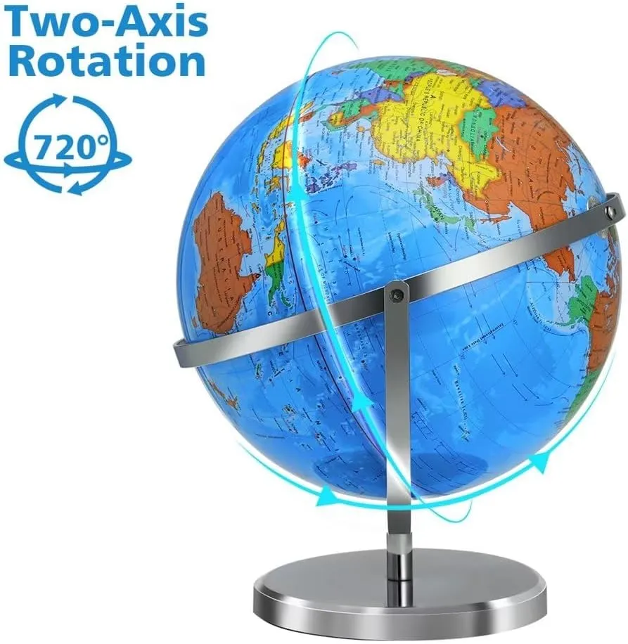 13" World Globe with Stand, 720° Omnidirectional Rotation, Stainless Steel Stand, Geographic/Decorative Tabletop Decor World Map with Clear Text for Home, School, Office