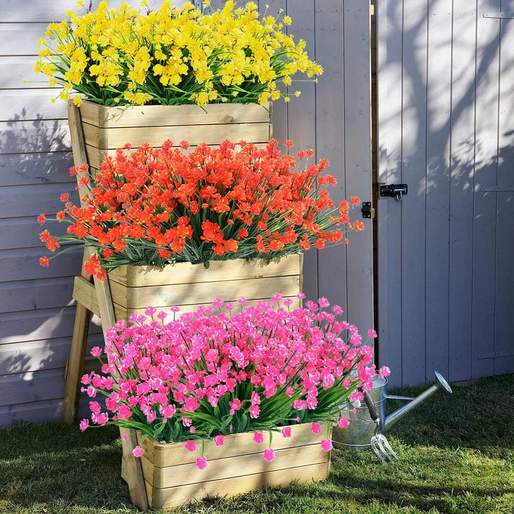 20 Bundles Outdoor Artificial Fake Flowers UV Resistant Shrubs Plants, Faux Plastic Greenery for Indoor Outside Hanging Plants Garden Porch Window Box Home Wedding Farmhouse Decor (Pink)