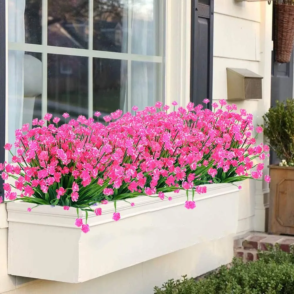 20 Bundles Outdoor Artificial Fake Flowers UV Resistant Shrubs Plants, Faux Plastic Greenery for Indoor Outside Hanging Plants Garden Porch Window Box Home Wedding Farmhouse Decor (Pink)