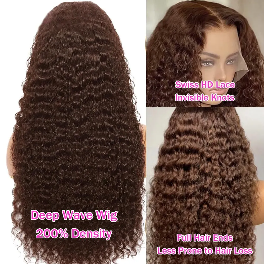 30Inch Chocolate Brown Deep Wave Lace Front Wigs Human Hair 200 Density 13x6 HD Lace Frontal Wigs Curly Human Hair Wig For Women Pre Plucked with Natural Hairline 4# Brown Color