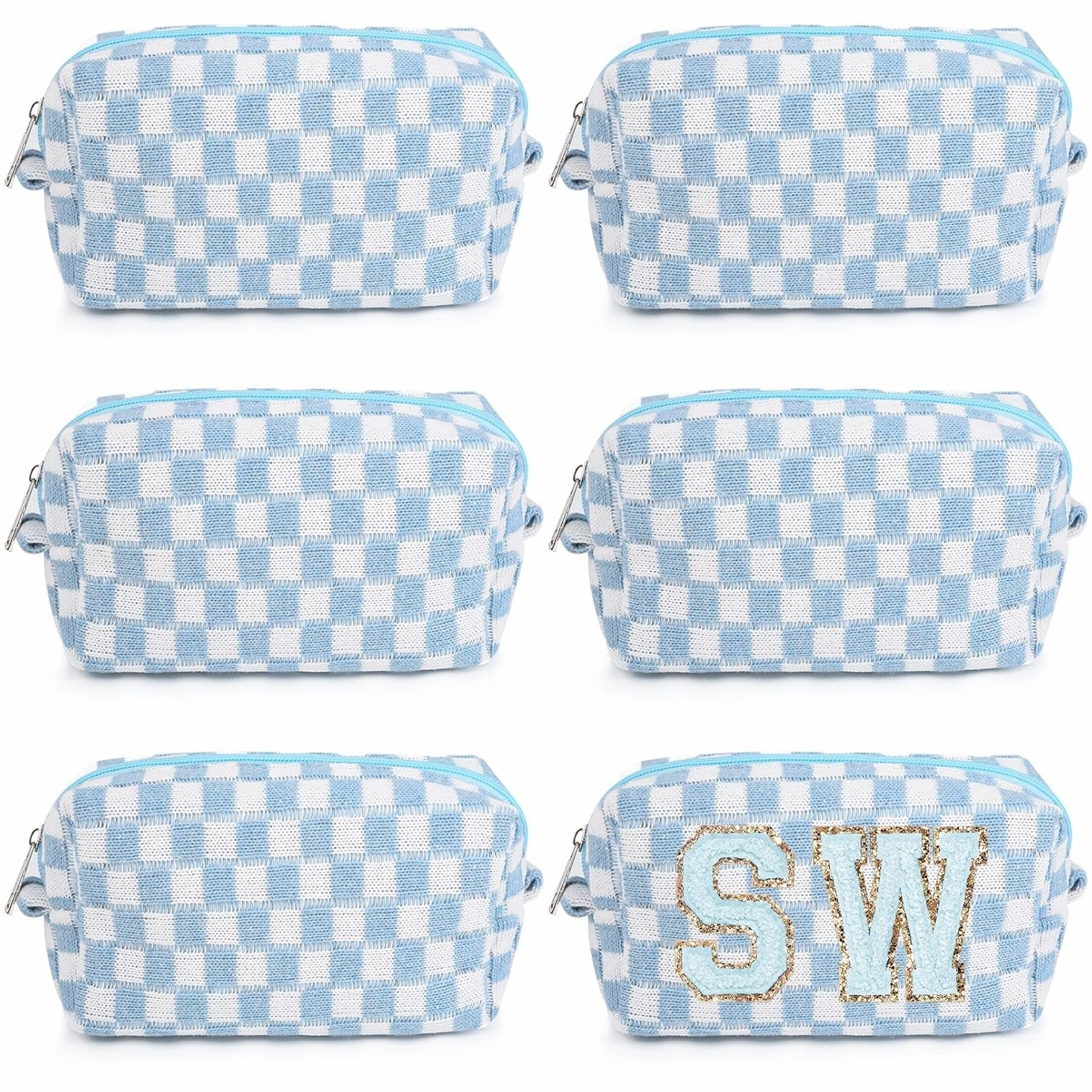 6 Pcs Preppy Makeup Bag Bulk Checkered Cosmetic Bag Light blue Makeup Pouch Personalize Travel Toiletry Bag Organizer Cute DIY Makeup Brushes Storage Bag for Women