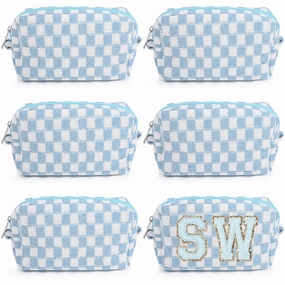 6 Pcs Preppy Makeup Bag Bulk Checkered Cosmetic Bag Light blue Makeup Pouch Personalize Travel Toiletry Bag Organizer Cute DIY Makeup Brushes Storage Bag for Women