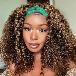 AISI QUEENS Headband Wig Highlight Human Hair For Black Women Curly Wigs Glueless P4/27 Color Human Hair Short Curly Headband Wigs (14 Inch, P4/27 Curly Headband Wigs)