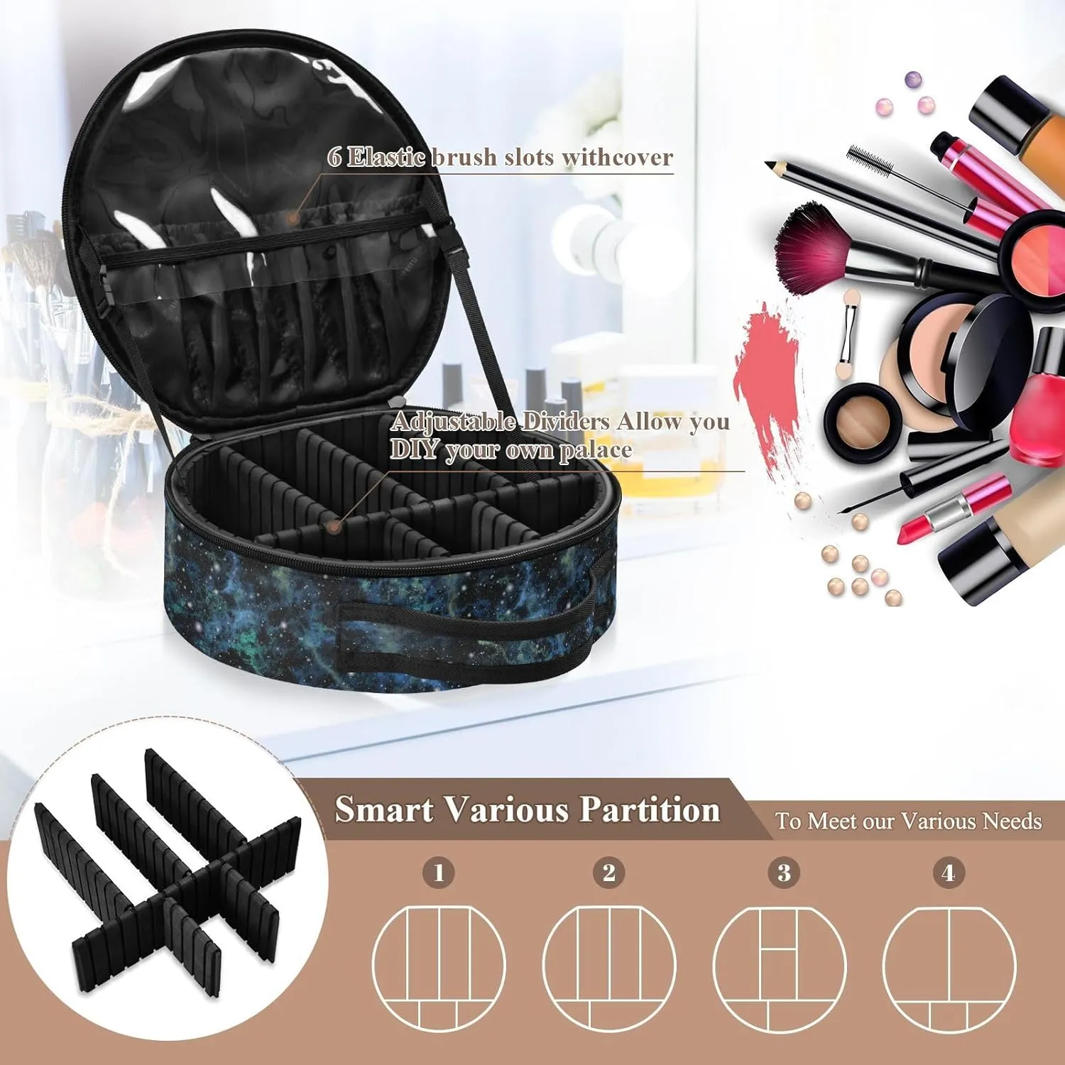 ALAZA Abstract Blue Universe Nebula Night Starry Sky Shiny Outer Space Travel Make Up Organizer Cosmetic Brush Bags Case