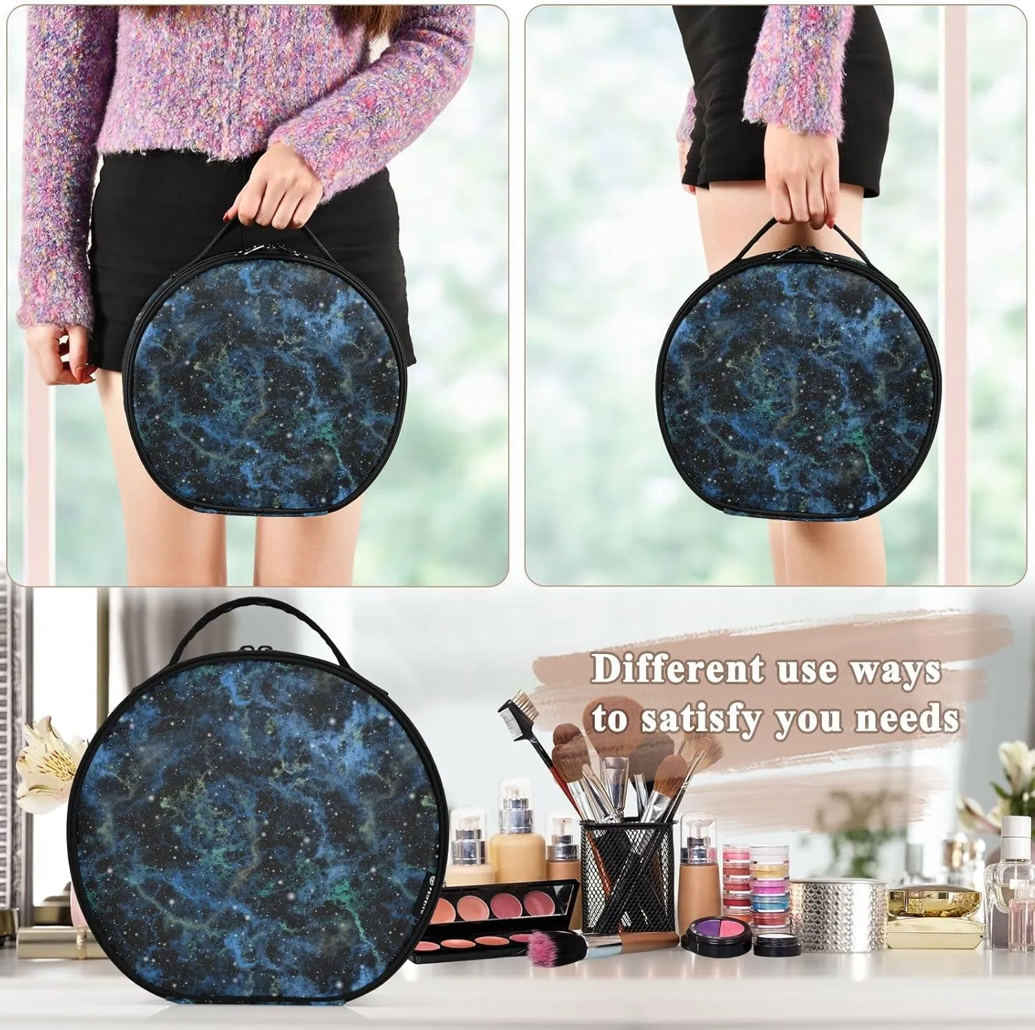ALAZA Abstract Blue Universe Nebula Night Starry Sky Shiny Outer Space Travel Make Up Organizer Cosmetic Brush Bags Case