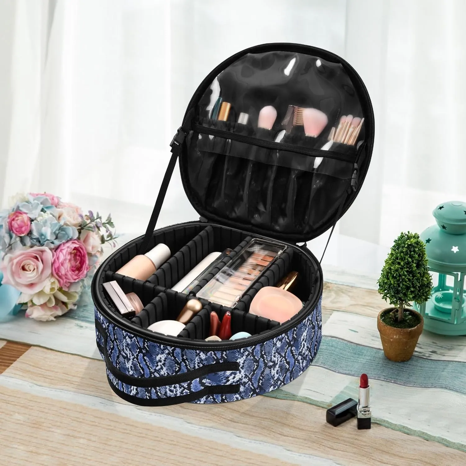 ALAZA Blue Snake Skin Travel Makeup Train Case Makeup Cosmetic Case with Adjustable Dividers