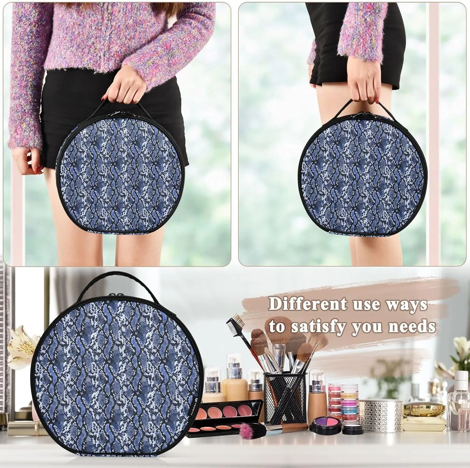 ALAZA Blue Snake Skin Travel Makeup Train Case Makeup Cosmetic Case with Adjustable Dividers