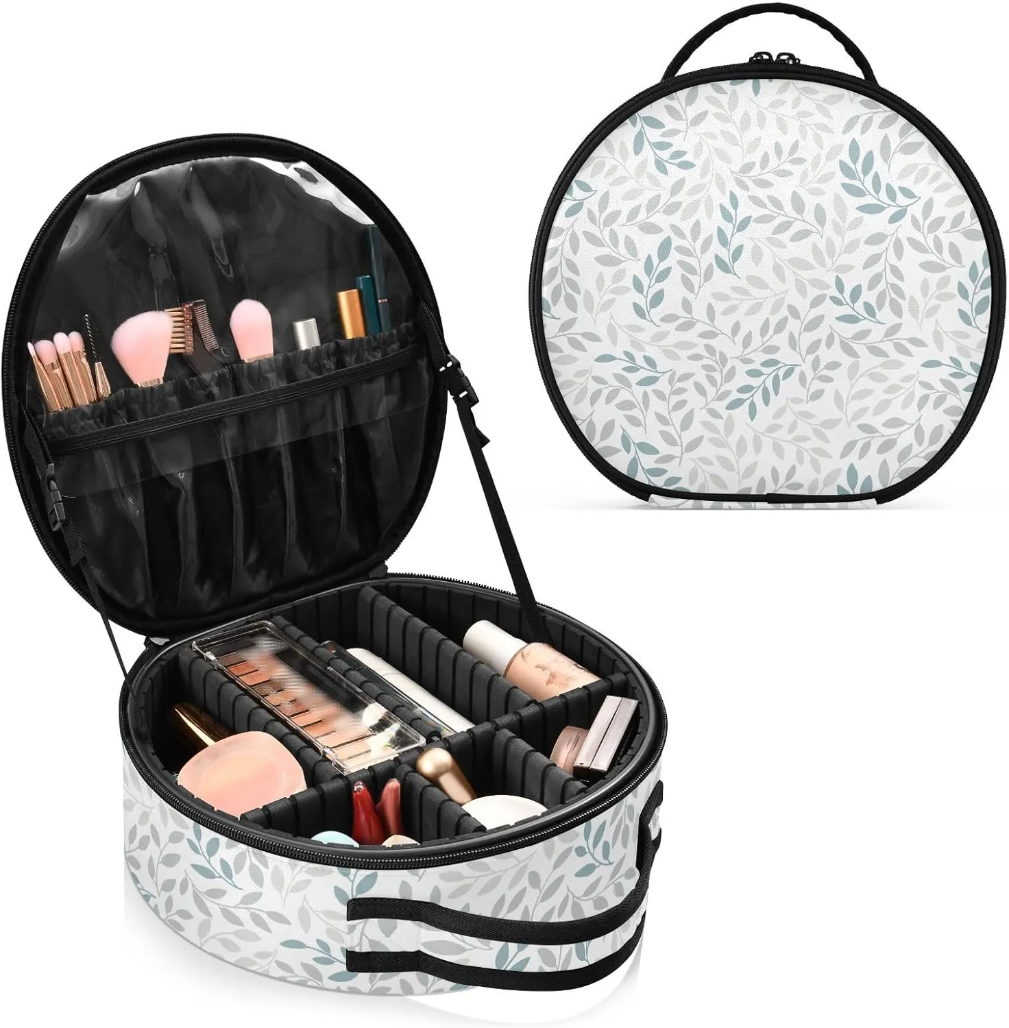 ALAZA Grey and Blue Leaves Branches Travel Makeup Train Case Makeup Cosmetic Case with Adjustable Dividers