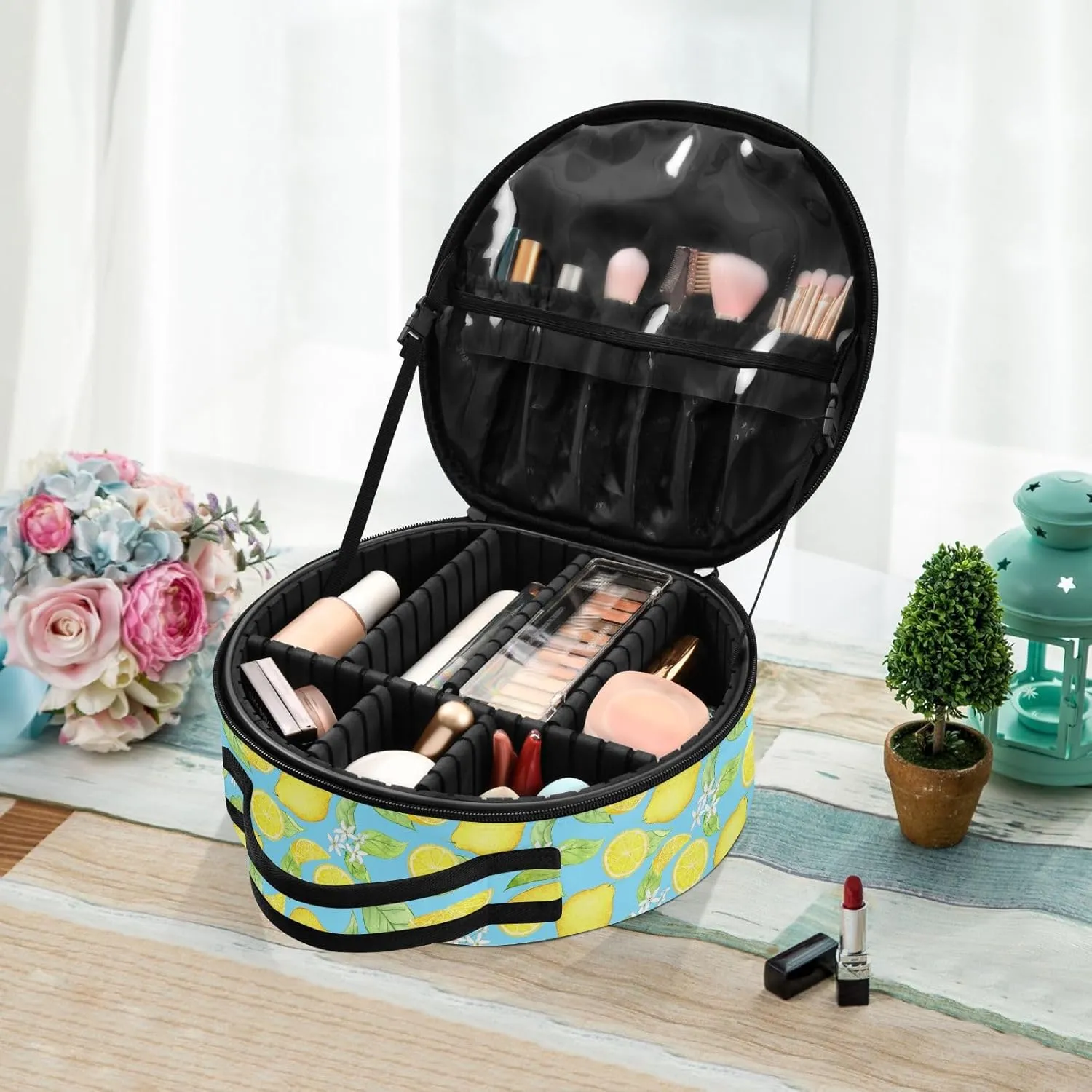 ALAZA Watercolor Lemons on A Blue Portable Cosmetic Bag Large Capacity Makeup Bags
