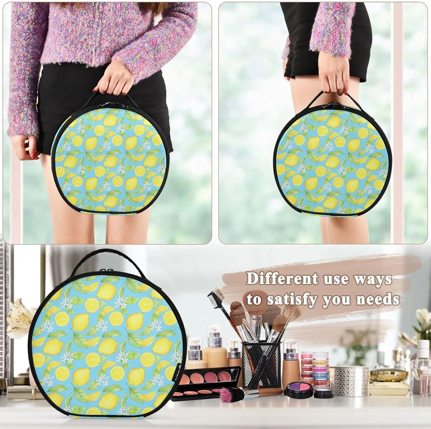 ALAZA Watercolor Lemons on A Blue Portable Cosmetic Bag Large Capacity Makeup Bags