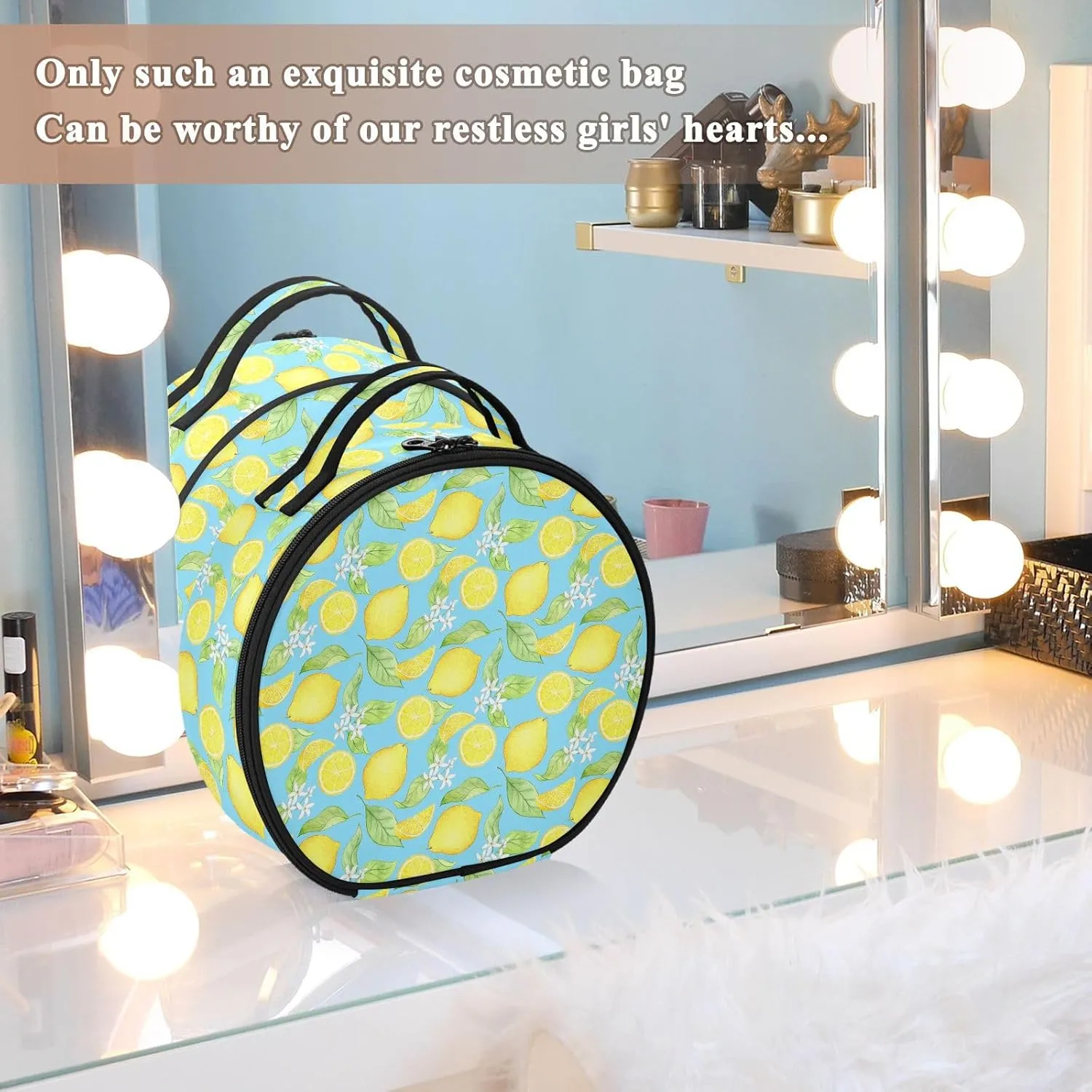 ALAZA Watercolor Lemons on A Blue Portable Cosmetic Bag Large Capacity Makeup Bags