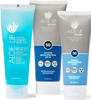 ALOE UP Aloe Ice Sunburn Relief Jelly, Sport Sunscreen Lotion SPF 50 and Sport Sunscreen Lotion SPF 30 - Suncare Bundle - Reef Friendly - 3 Items