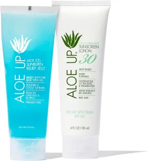 ALOE UP White Collection Sunscreen Lotion SPF 30 and Aloe Ice Sunburn Relief Jelly - Bundle with Face and Body Sunscreen Protector and After Sun Gel - With Pure Aloe Vera - Reef Friendly - 2 Items