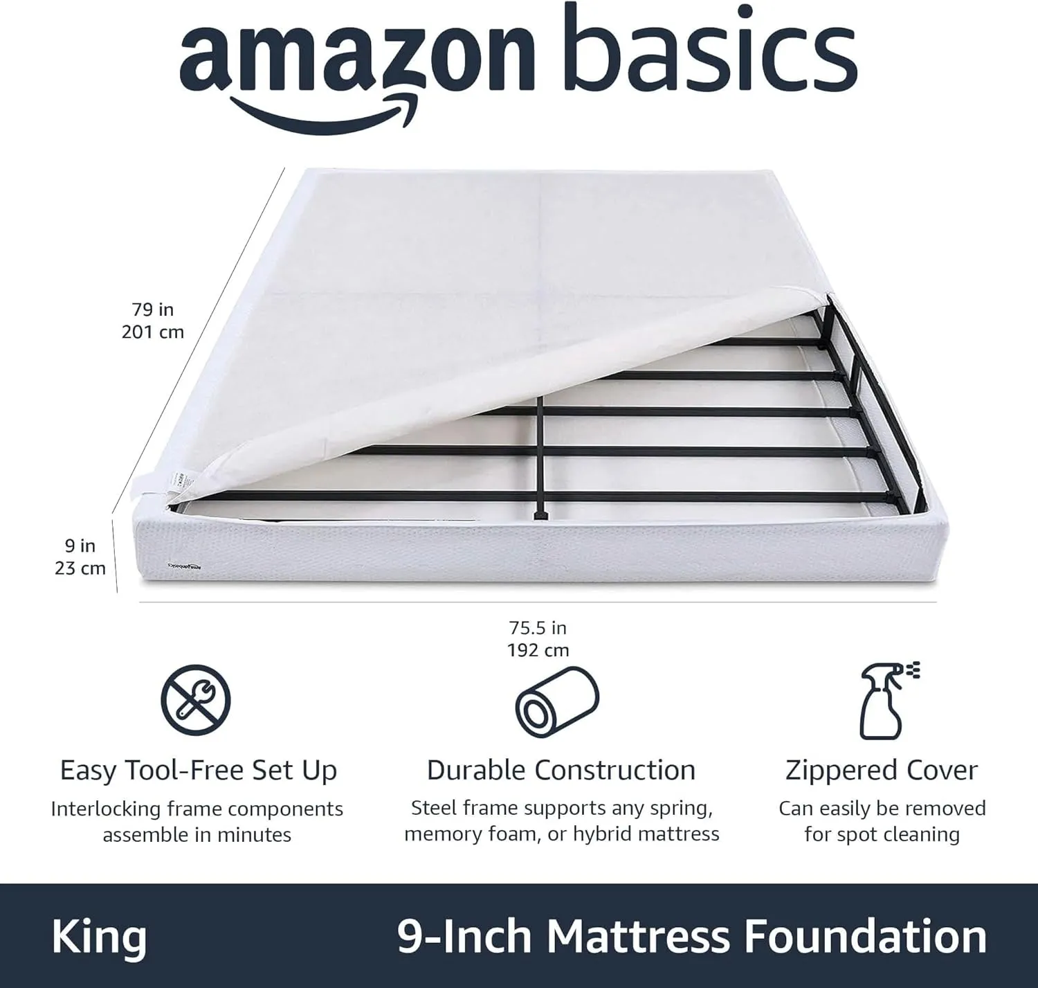 Amazon Basics Smart Box Spring Bed Base, 9-Inch Height Mattress Foundation, Tool-Free Easy Assembly, King, 79"L x 75.5"W x 9"H, White
