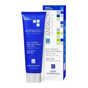 Andalou Naturals Face Sunscreen, SPF 30 Daily Shade   Blue Light Defense Facial Lotion, Broad Spectrum Protection, Deeply Hydrating Mineral Sun Block with Hyaluronic Acid & Zinc Oxide, 2.7 Fl Oz
