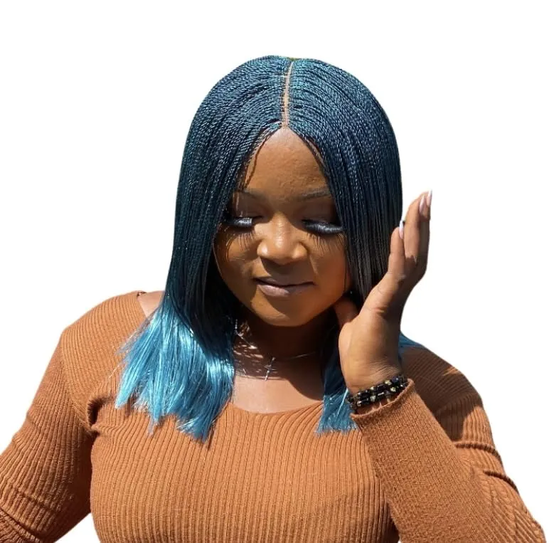 Braidsfashion - Nano Micro Twist Wig Glueless - 12"HD Full Lace Synthetic Hand-Braided Wig for Black Women - Natural Look Knotless Lace, Closure Backward Micro Braided Wigs for Easy Wear - Teal