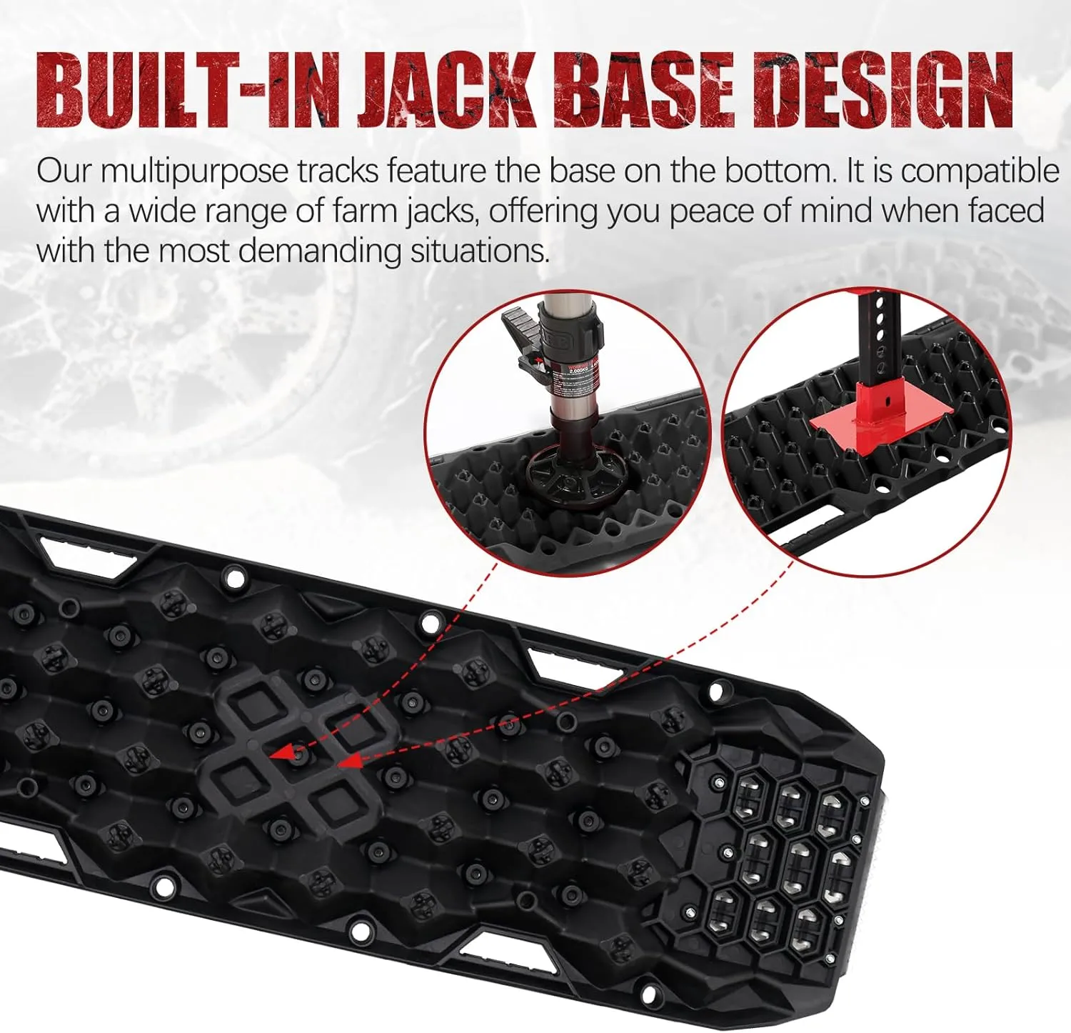 BUNKER INDUST Offroad Traction Boards with Jack Base,Pair 47.24"L x 14"W Recovery Tracks for 4x4 Vehicles Tire Traction Mat -Sand,Mud,Snow Ramps(Replaceable Dual Colors Teeth/Rugged Steel Plate)Black