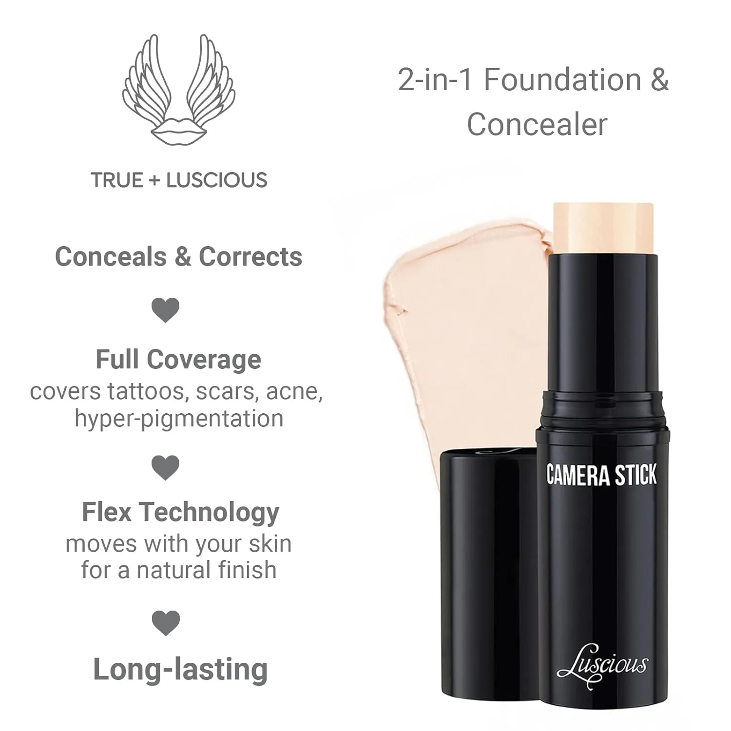 Camera Stick Foundation by True   Luscious - Full Coverage Cream Foundation - Non-Comedogenic & Hydrating Formula - Vegan, Paraben Free, & Cruelty Free - 0.49 oz (Shade 000: Porcelain)