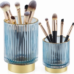 CANITORON Makeup Brush Holder,2 Pack Glass Makeup Brush Holder Organizer Store Cosmetic Tools,Eyeliner,Storage Organizer for Vanity,Bathroom and Bedroom Countertop Storage.(Blue S L)