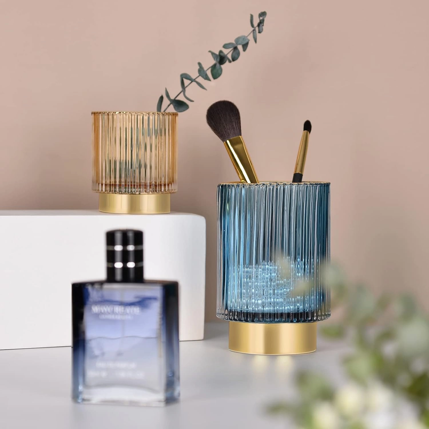 CANITORON Makeup Brush Holder,Glass Makeup Brush Holder Organizer Store Cosmetic Tools,Eyeliner,Storage Organizer for Vanity,Bathroom Countertop Organize and Bedroom Countertop Storage.(Blue L)