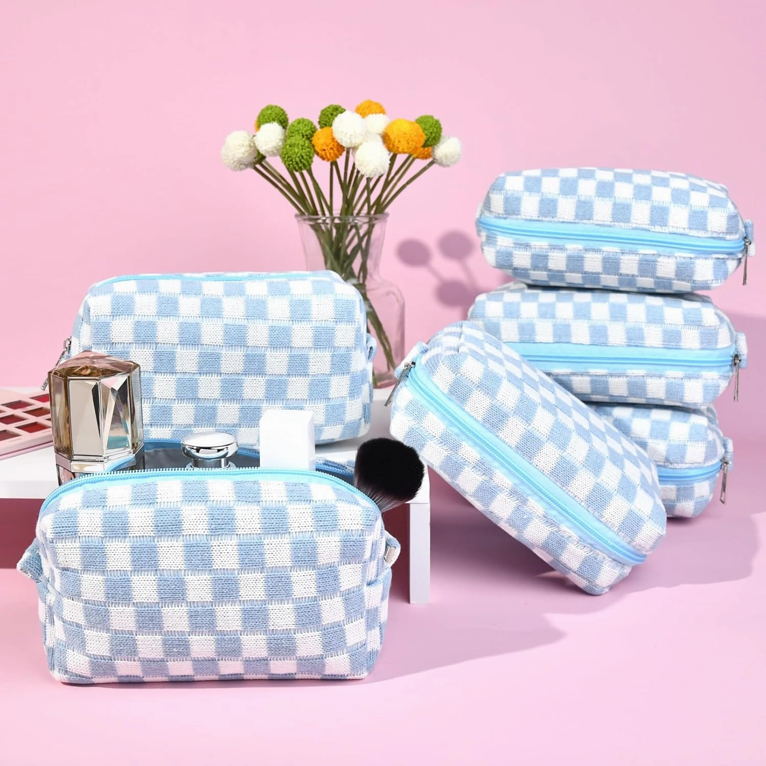 Checkered Makeup Bag Preppy Cosmetic Bag Bulk Blue Makeup Pouch Personalize Travel Toiletry Bag Organizer Cute DIY Makeup Brushes Storage Bag for Women