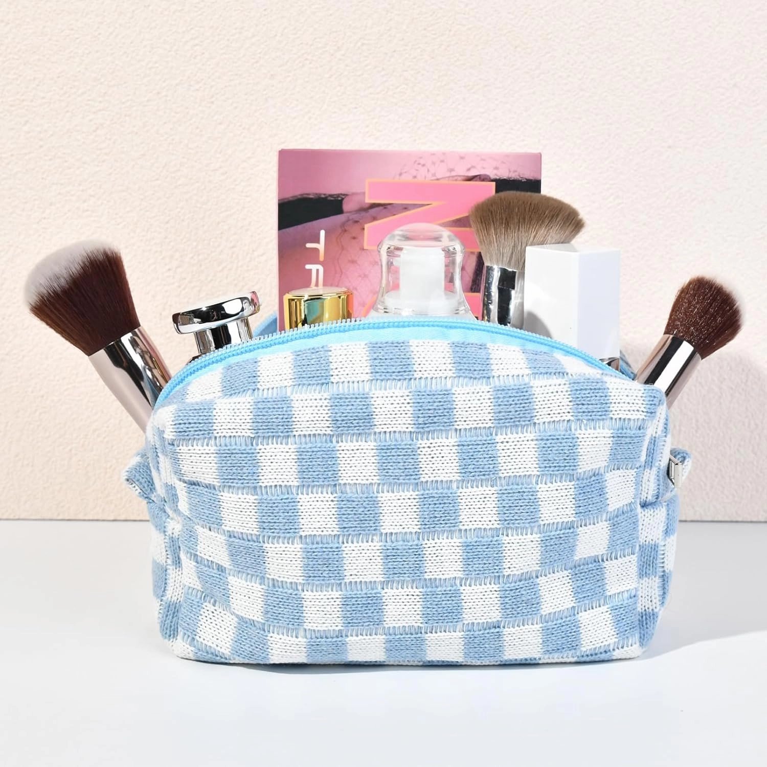 Checkered Makeup Bag Preppy Cosmetic Bag Bulk Blue Makeup Pouch Personalize Travel Toiletry Bag Organizer Cute DIY Makeup Brushes Storage Bag for Women