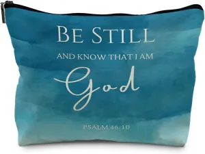 Christian Leather Makeup Bag,Be Still and Know That I Am God,Christian Bible Verses Makeup Bag,Christian Gifts for Women,Scripture Bag,Blue Makeup Bag,Scripture Gifts for Women(Pu)