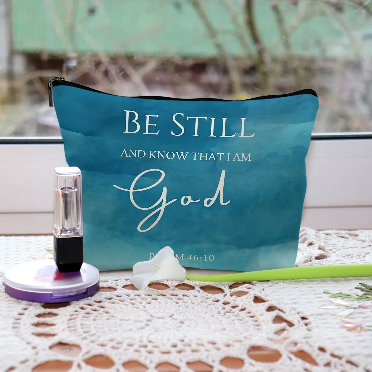 Christian Leather Makeup Bag,Be Still and Know That I Am God,Christian Bible Verses Makeup Bag,Christian Gifts for Women,Scripture Bag,Blue Makeup Bag,Scripture Gifts for Women(Pu)