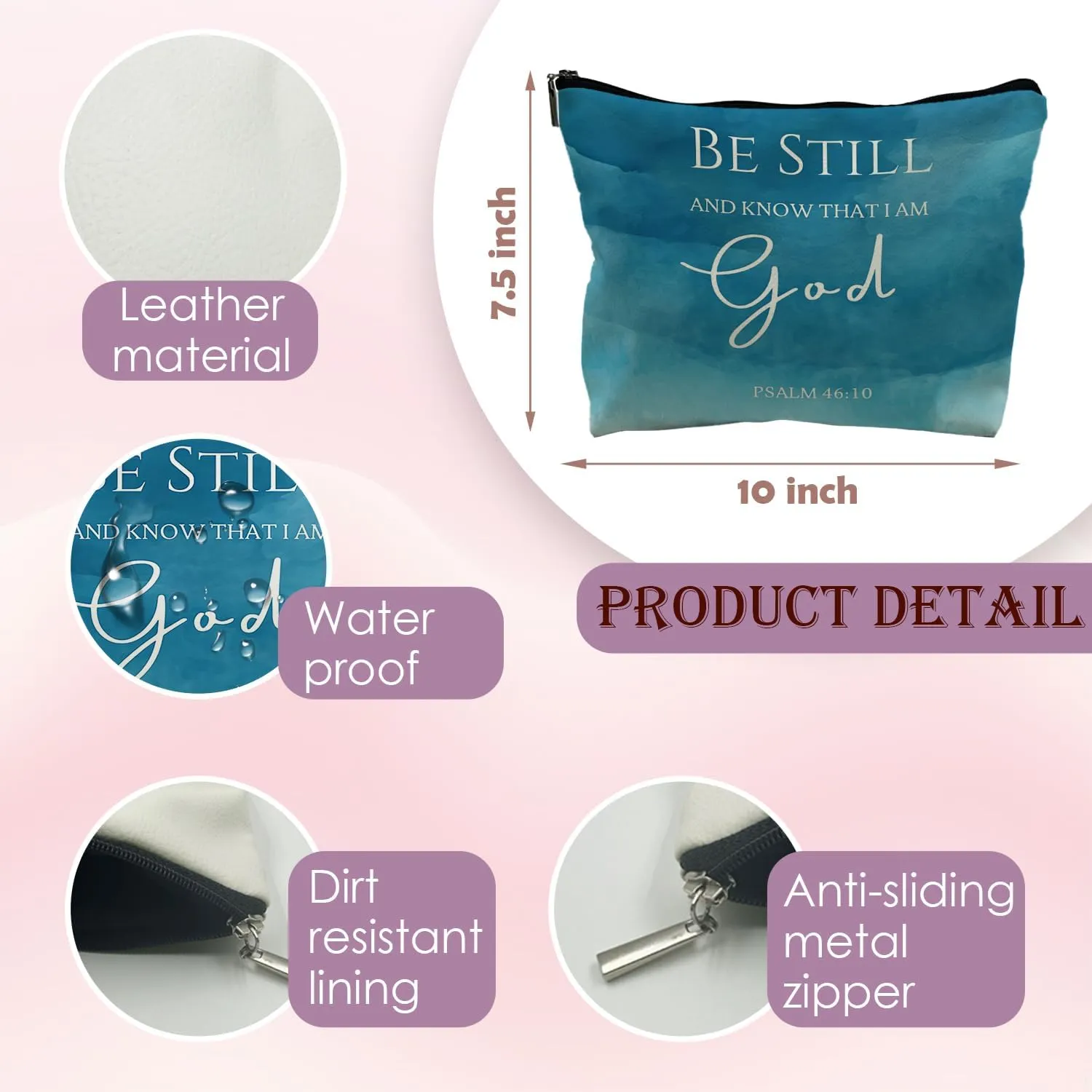 Christian Leather Makeup Bag,Be Still and Know That I Am God,Christian Bible Verses Makeup Bag,Christian Gifts for Women,Scripture Bag,Blue Makeup Bag,Scripture Gifts for Women(Pu)