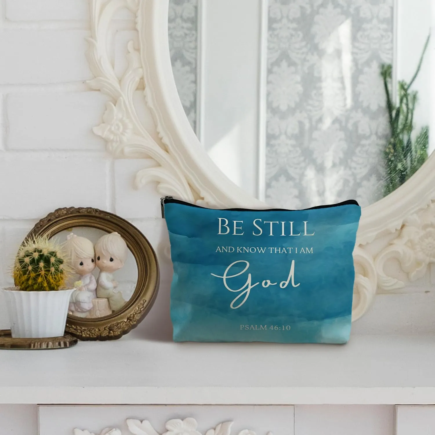 Christian Leather Makeup Bag,Be Still and Know That I Am God,Christian Bible Verses Makeup Bag,Christian Gifts for Women,Scripture Bag,Blue Makeup Bag,Scripture Gifts for Women(Pu)