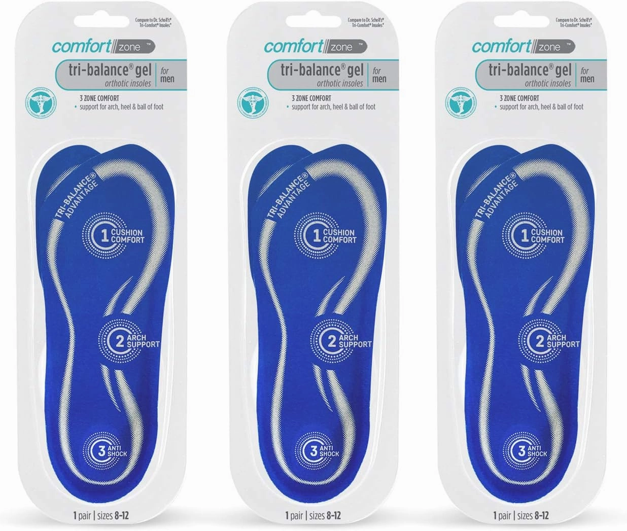 Comfort Zone Tri-Balance Gel Orthotic Insoles for Men, 3/4 Length Inserts for Menâ€™s Shoe Sizes 8-12, 1 Pair (Pack of 3)