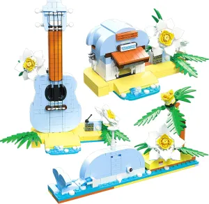 Creative 3in1 Tropical Ukulele, Whale and Beach House Building Blocks Sets, Island Theme Scene Model Collection, Perfect Art Gift for Bookshelf Display, STEM Toy for Kids 415pcs