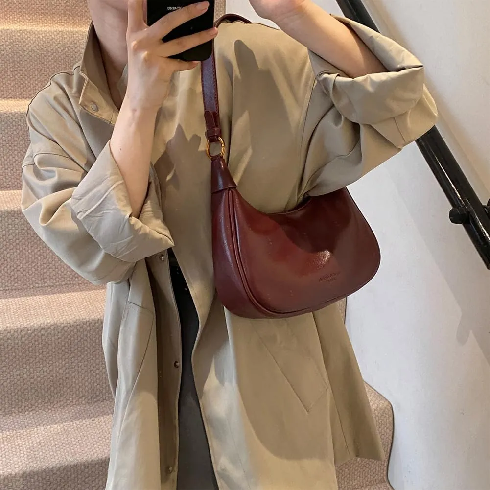 Crescent Shoulder Bag for Women - Red Burgundy Handbag Satchel Retro Leather Fall Bags Maroon Shoulder Purse