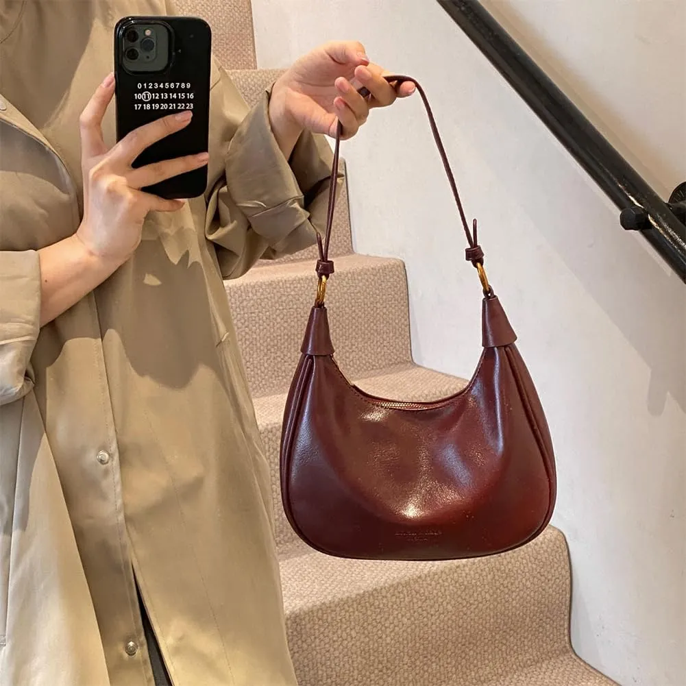 Crescent Shoulder Bag for Women - Red Burgundy Handbag Satchel Retro Leather Fall Bags Maroon Shoulder Purse
