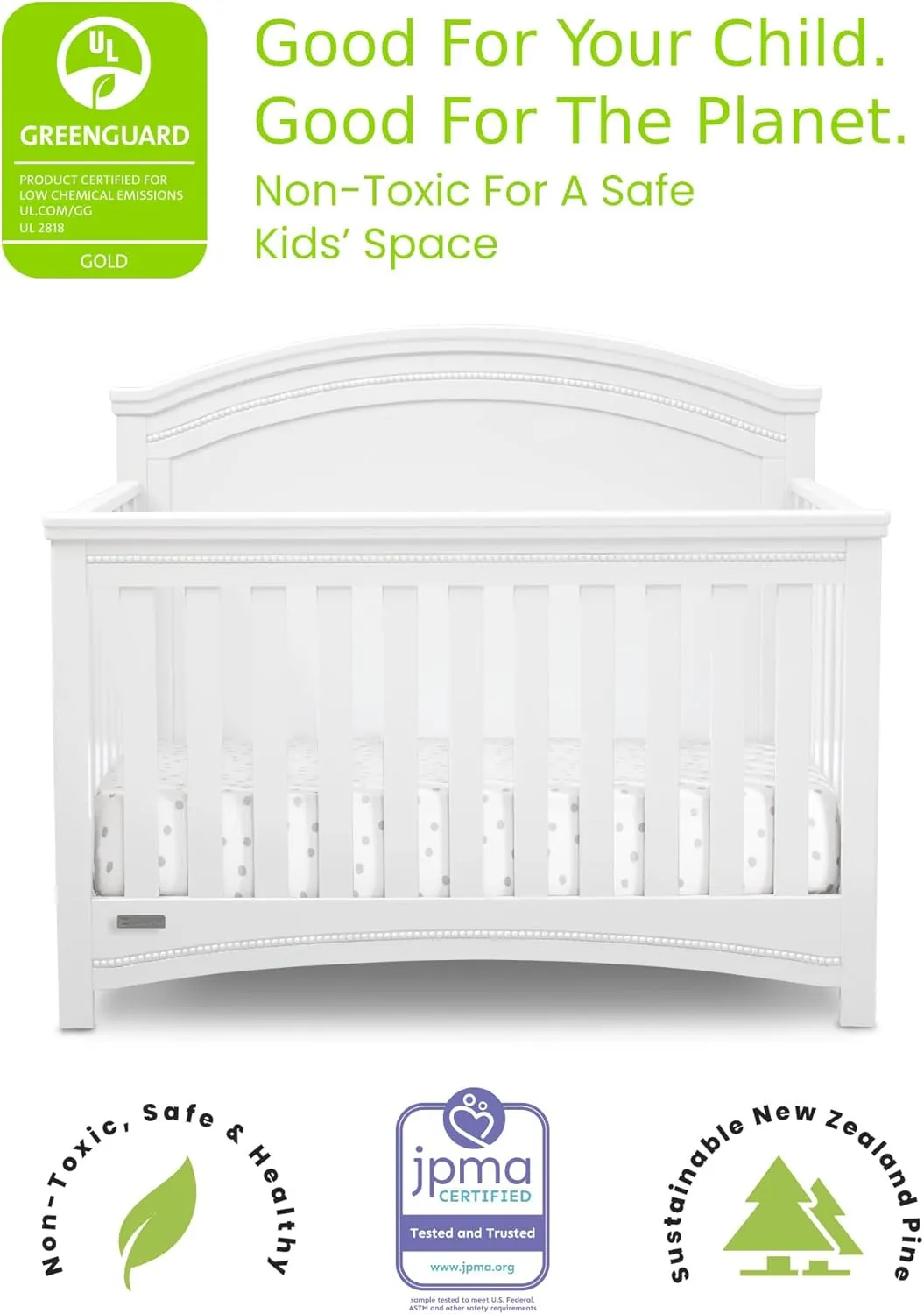 Delta Children Simmons Kids SlumberTime Emma 4-in-1 Convertible Baby Crib N More - Greenguard Gold Certified, Bianca White