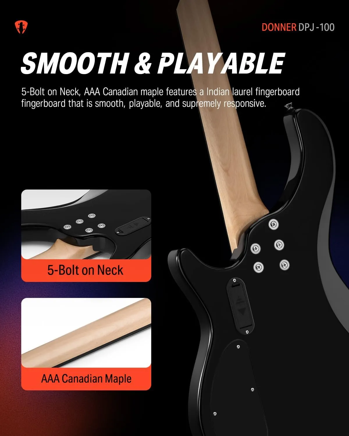 Donner Electric Bass Guitar 4 Strings Full-Size Standard Bass PJ-Style Electric Bass for Adults with Free Online Lesson, Gig Bag Guitar Strap and Guitar Cable Included, DPJ-100, Black