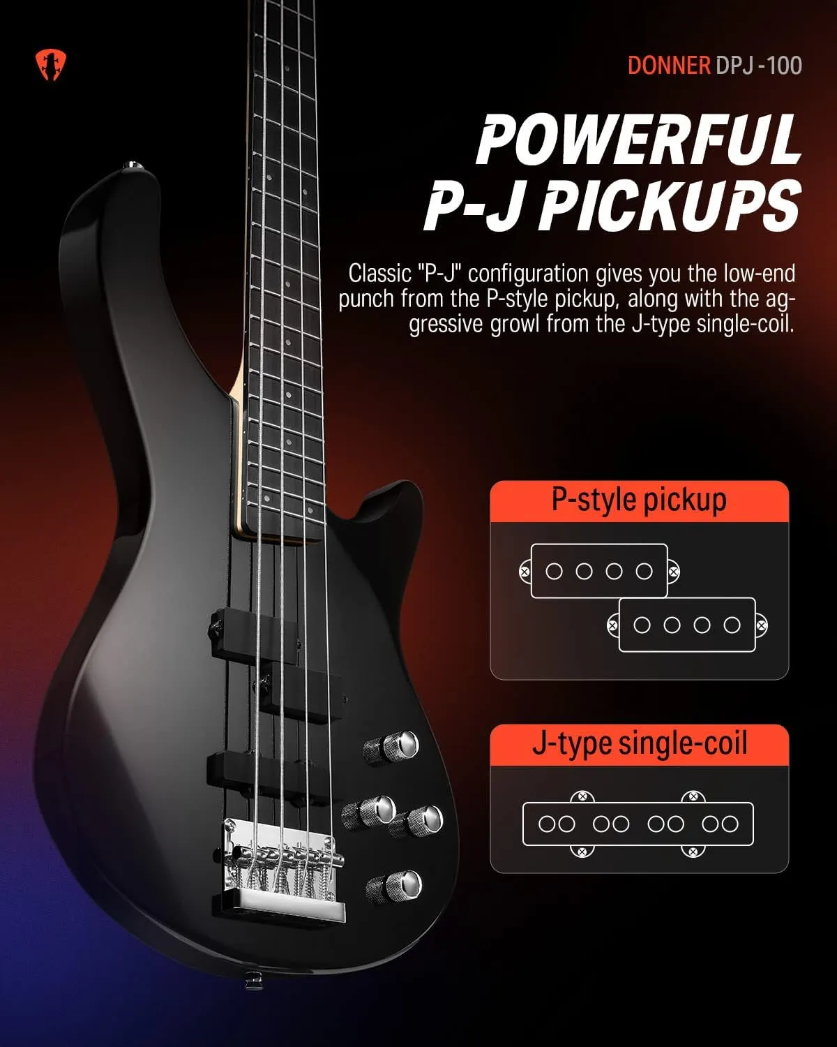 Donner Electric Bass Guitar 4 Strings Full-Size Standard Bass PJ-Style Electric Bass for Adults with Free Online Lesson, Gig Bag Guitar Strap and Guitar Cable Included, DPJ-100, Black