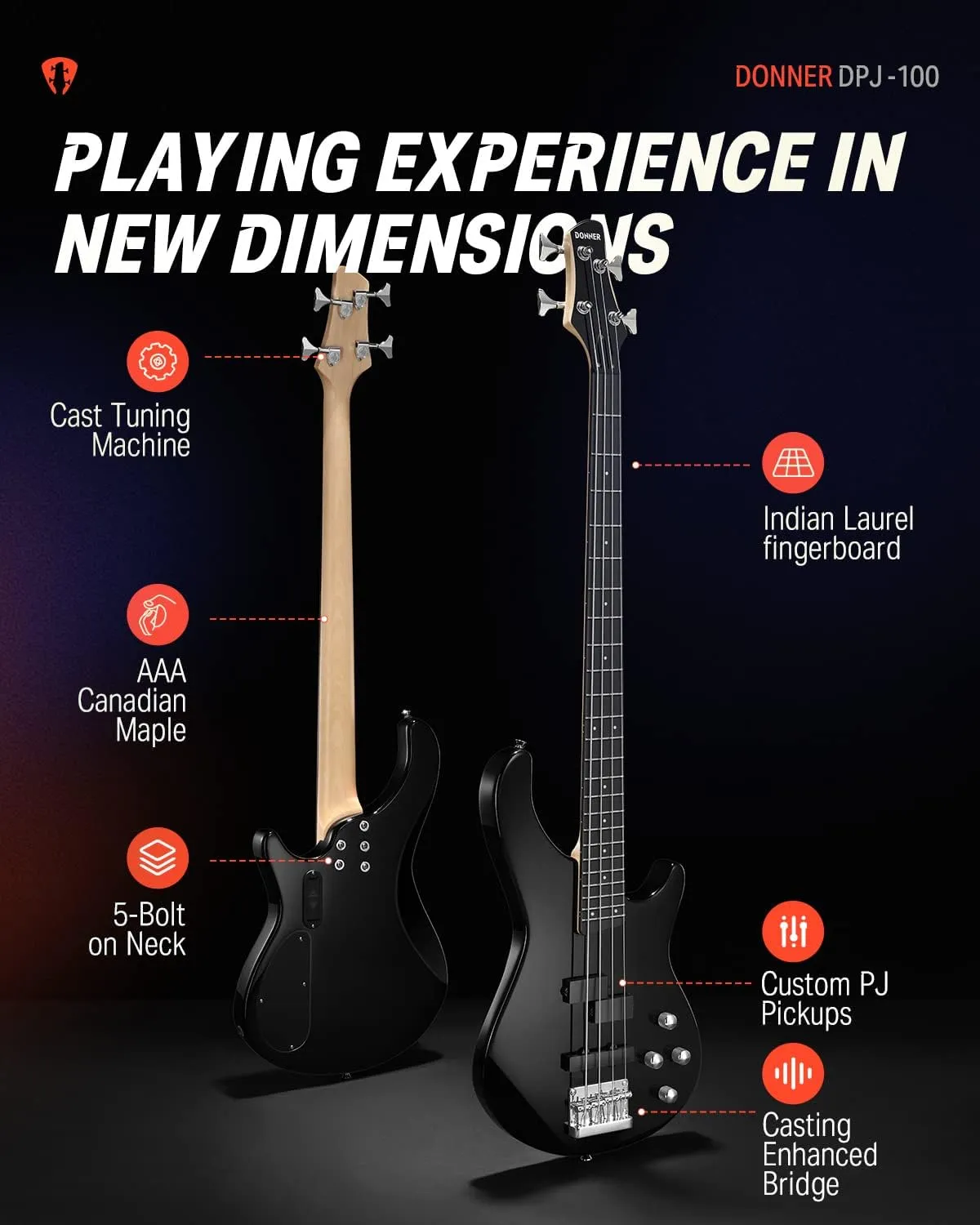 Donner Electric Bass Guitar 4 Strings Full-Size Standard Bass PJ-Style Electric Bass for Adults with Free Online Lesson, Gig Bag Guitar Strap and Guitar Cable Included, DPJ-100, Black