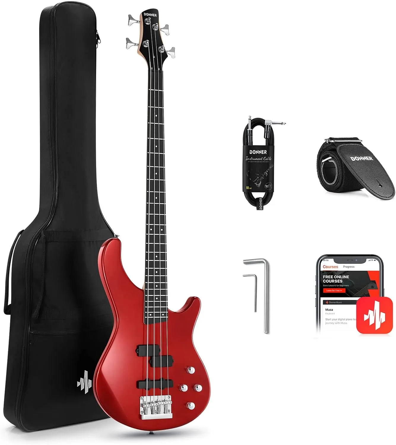 Donner Electric Bass Guitar 4 Strings Full-Size Standard Bass PJ-Style Electric Bass for Adults with Free Online Lesson,Gig Bag Guitar Strap and Guitar Cable Included, DPJ-100, Red