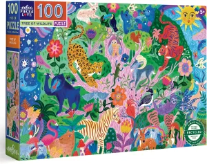 eeBoo: Tree of Wildlife - 100 Piece Puzzle - 27 x 18 Colorful Nature & Animal Jigsaw, Sturdy Dustless Pieces, Informational Poster, Kids Ages 5 