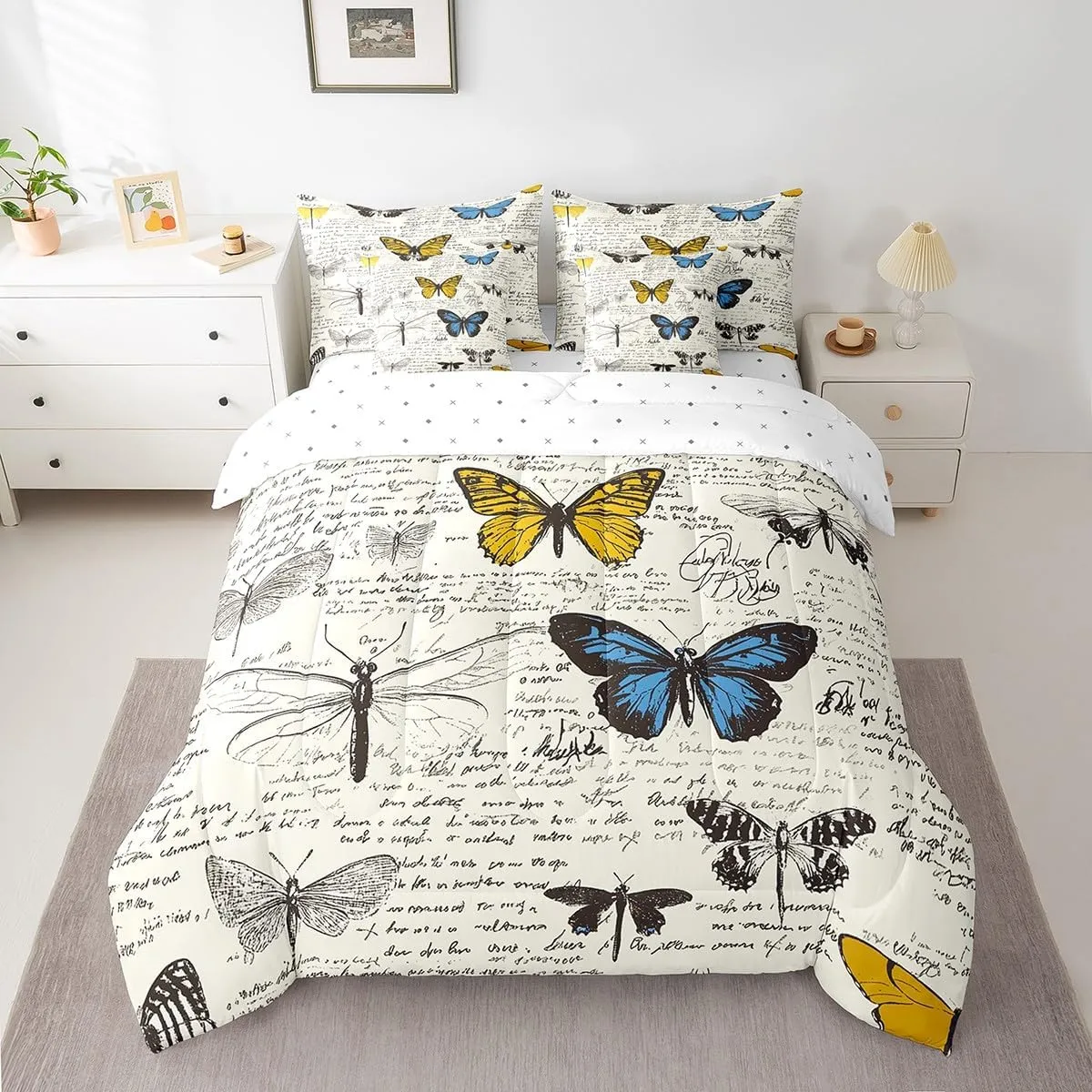 Erosebridal Butterfly 7 Piece Comforter Set Full Bed in a Bag,Biology Theme Bedding Sets Vintage Text Poster Style Comforter and Sheet Set,Rustic Aesthetic Animal Bed Set