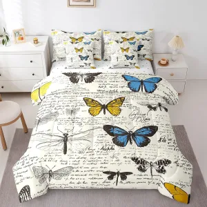 Erosebridal Butterfly 7 Piece Comforter Set Full Bed in a Bag,Biology Theme Bedding Sets Vintage Text Poster Style Comforter and Sheet Set,Rustic Aesthetic Animal Bed Set