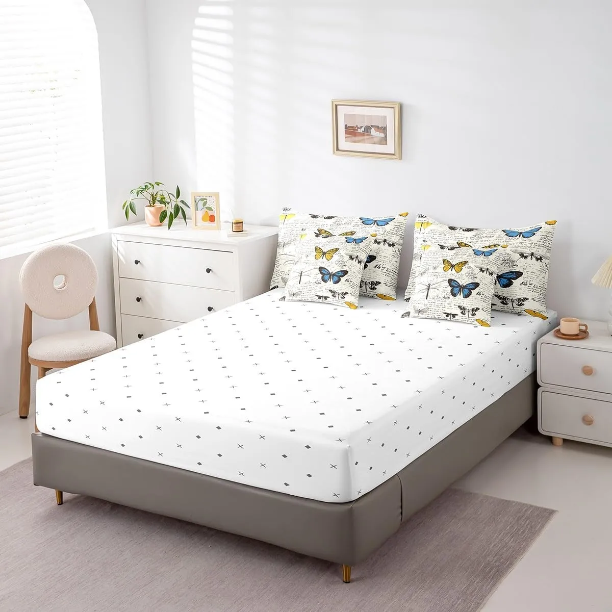 Erosebridal Butterfly 7 Piece Comforter Set Full Bed in a Bag,Biology Theme Bedding Sets Vintage Text Poster Style Comforter and Sheet Set,Rustic Aesthetic Animal Bed Set