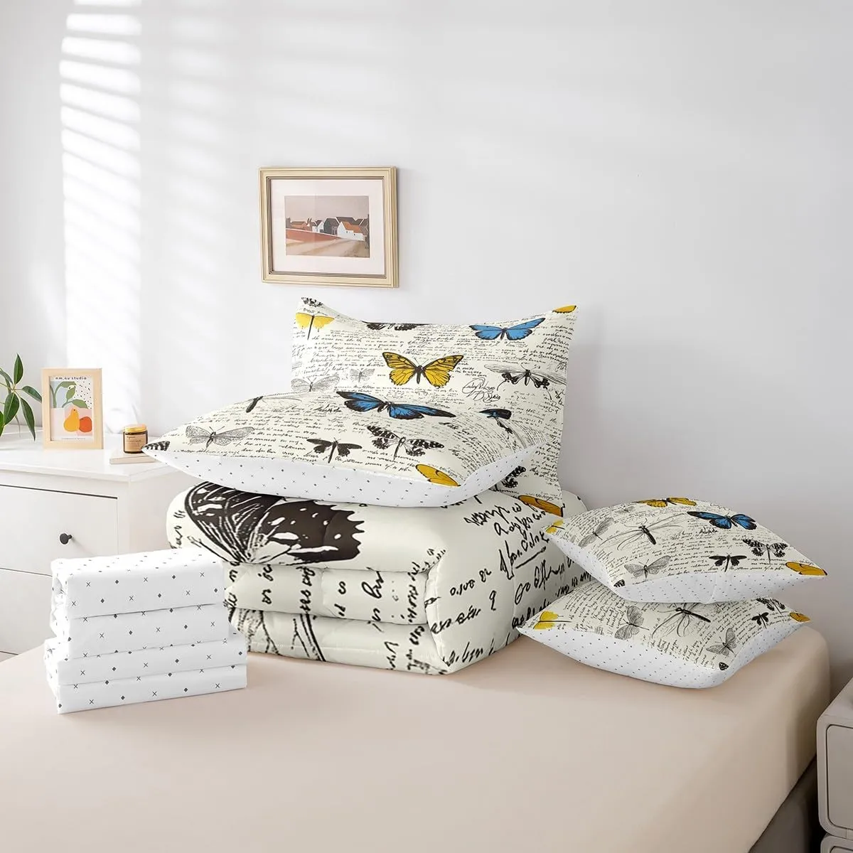 Erosebridal Butterfly 7 Piece Comforter Set Full Bed in a Bag,Biology Theme Bedding Sets Vintage Text Poster Style Comforter and Sheet Set,Rustic Aesthetic Animal Bed Set
