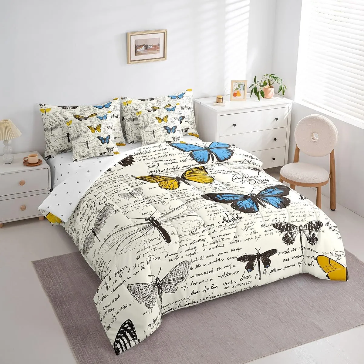 Erosebridal Butterfly 7 Piece Comforter Set Full Bed in a Bag,Biology Theme Bedding Sets Vintage Text Poster Style Comforter and Sheet Set,Rustic Aesthetic Animal Bed Set