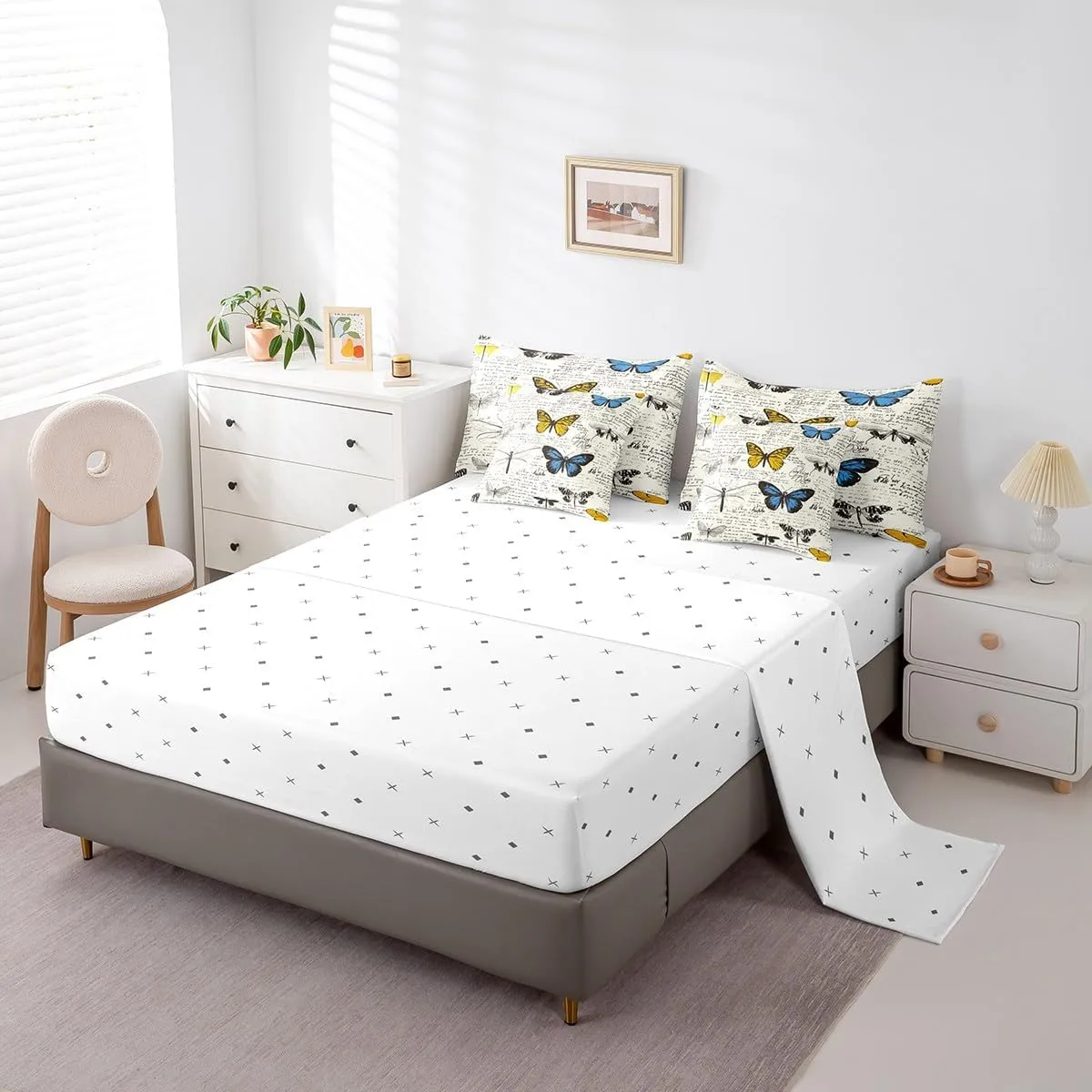 Erosebridal Butterfly 7 Piece Comforter Set Full Bed in a Bag,Biology Theme Bedding Sets Vintage Text Poster Style Comforter and Sheet Set,Rustic Aesthetic Animal Bed Set