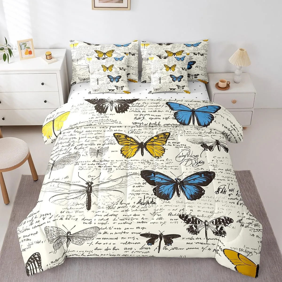 Erosebridal Butterfly 7 Piece Comforter Set Full Bed in a Bag,Biology Theme Bedding Sets Vintage Text Poster Style Comforter and Sheet Set,Rustic Aesthetic Animal Bed Set